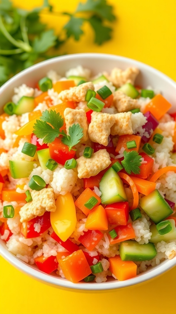 A colorful crispy rice salad with bell peppers, cucumbers, carrots, and crispy rice snacks, garnished with cilantro.